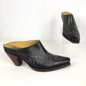 Lucchese Black Leather Mules with Embroidered Design